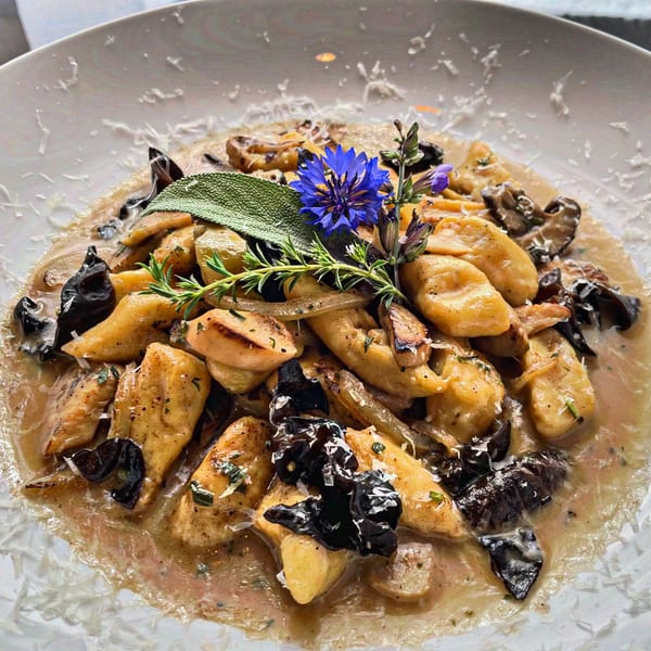 Milque Toast's gnocchi with mushrooms, herbs, and a blue flower garnish, dusted with cheese.